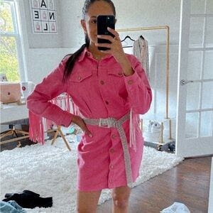 Denim fringe dress pink and white